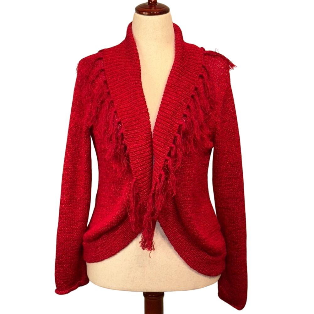Chico's sweater red open front loose weave fringed collar cardigan Sz 1 US Med